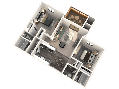 Floor plan for 2 beds, 2 baths, 901 sqft